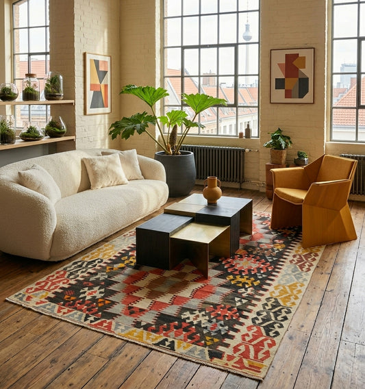 Kilim ancien d'Anatolie aux motifs complexes et teintes ocre, rouge et noir, réchauffant un loft industriel de Berlin avec canapé bouclé blanc, mobilier architectural et grandes baies vitrées urbaines.