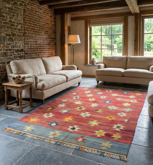 Tapis kilim d'Anatolie vintage aux tons rouge, ocre et géométriques complexes, placé dans un salon chaleureux. La scène se déroule dans une pièce lumineuse, dotée d'une grande baie vitrée offrant une vue panoramique sur les collines boisées et verdoyantes des Ardennes belges. 