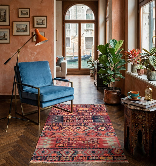 Un tapis kilim d'Anatolie vintage en laine rouge aux motifs géométriques, placé sur un sol en parquet de chevrons dans un intérieur contemporain. Un fauteuil en velours bleu, une lampe sur pied moderne orange et des plantes d'intérieur bordent la scène qui donne sur une fenêtre de style vénitien.