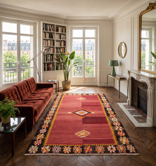 Grand tapis kilim Adana de 65 ans aux nuances de rouge et motifs floraux stylisés, tissé à la main en Anatolie. Cette pièce de collection magistrale sublime un salon de luxe haussmannien à Paris, offrant un contraste percutant entre l'artisanat ancestral turc et un mobilier curviligne moderne sous un lustre en cristal.