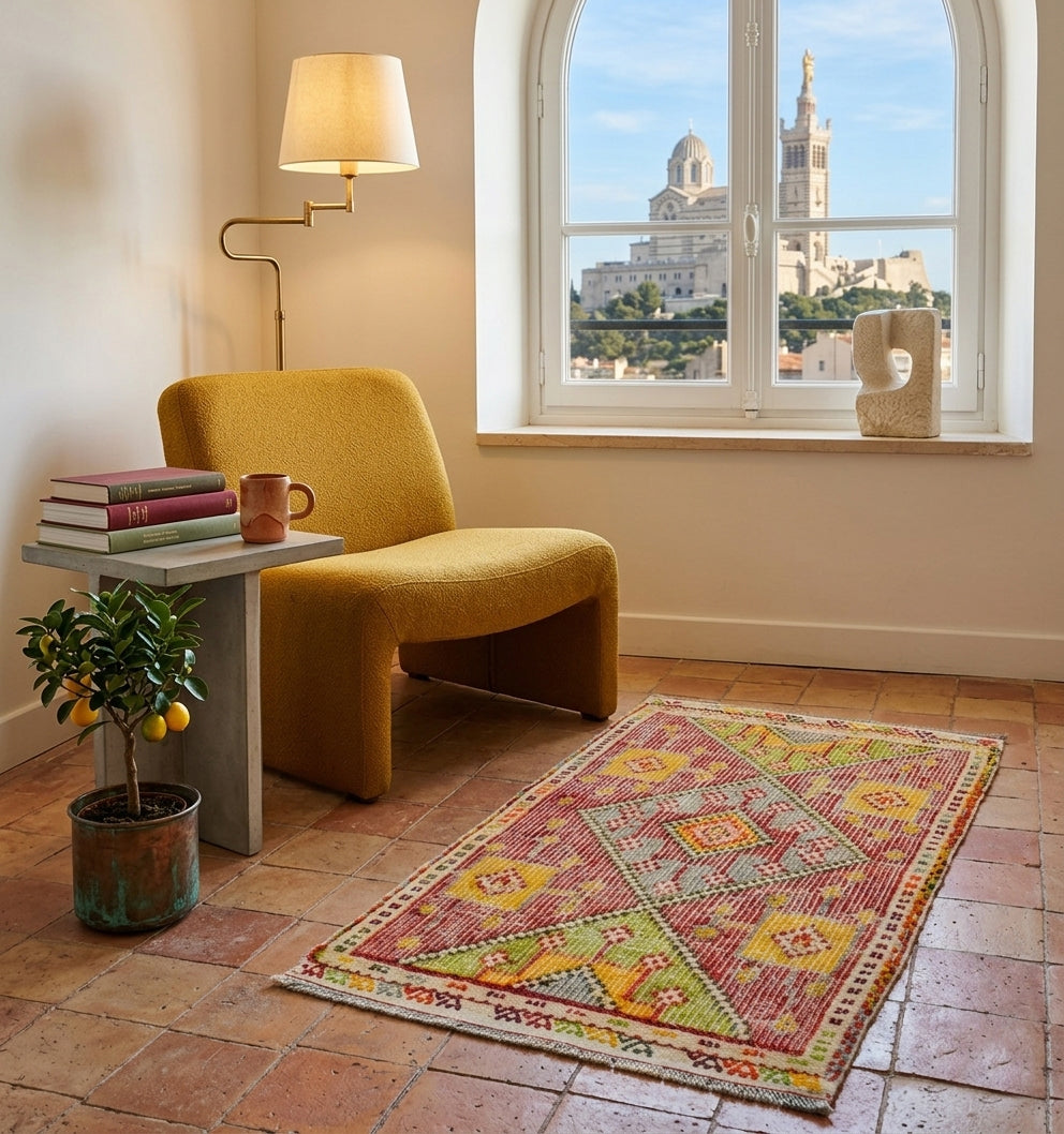 Tapis kilim ancien d'Anatolie aux motifs géométriques colorés sur sol en terre cuite, associé à un fauteuil design jaune moderne et vue urbaine chic sur Notre-Dame de la Garde.