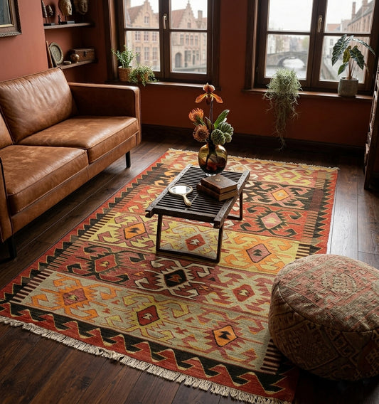 Tapis kilim ancien d'Anatolie aux motifs ethniques ocres et rouges, complétant un salon chaleureux avec canapé en cuir fauve et vue pittoresque sur les canaux de Bruges.