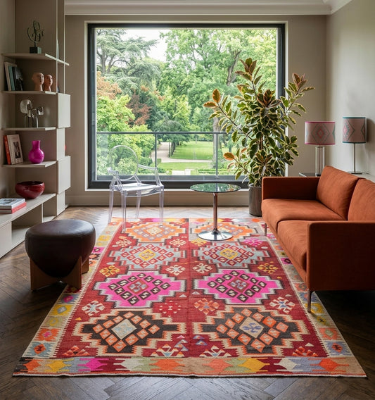 Kilim d'Anatolie aux motifs ethniques vibrants et tissage artisanal, sublimant un salon moderne au design épuré avec canapé terracotta.