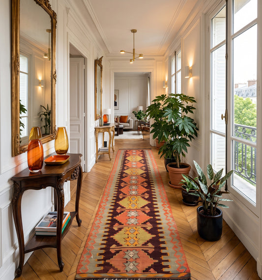 Tapis kilim Antalya vintage de 65 ans en format galerie, aux motifs géométriques en dents de scie et tons terreux, tissé à la main en Anatolie. Cette pièce d'artisanat d'exception sublime un long couloir de style haussmannien à Paris, créant un lien visuel chaleureux entre le parquet en point de Hongrie et les moulures classiques des murs bicolores.