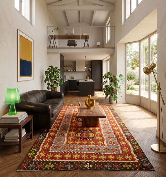 Grand tapis kilim Esme en laine aux motifs géométriques rouge, bleu, vert (280 x 155 cm) mis en situation dans un salon rustique de prestige haut de plafond, poutres apparentes peintes en blanc, canapé terracotta et fauteuils club en cuir marron