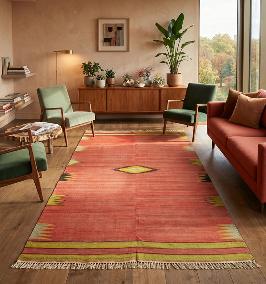 Tapis kilim ancien d'Anatolie aux tons terre de Sienne et motifs géométriques, sublimant un salon contemporain au mobilier vintage chic à Londres. Artisanat de tissage traditionnel pour une décoration d'intérieur authentique et chaleureuse.