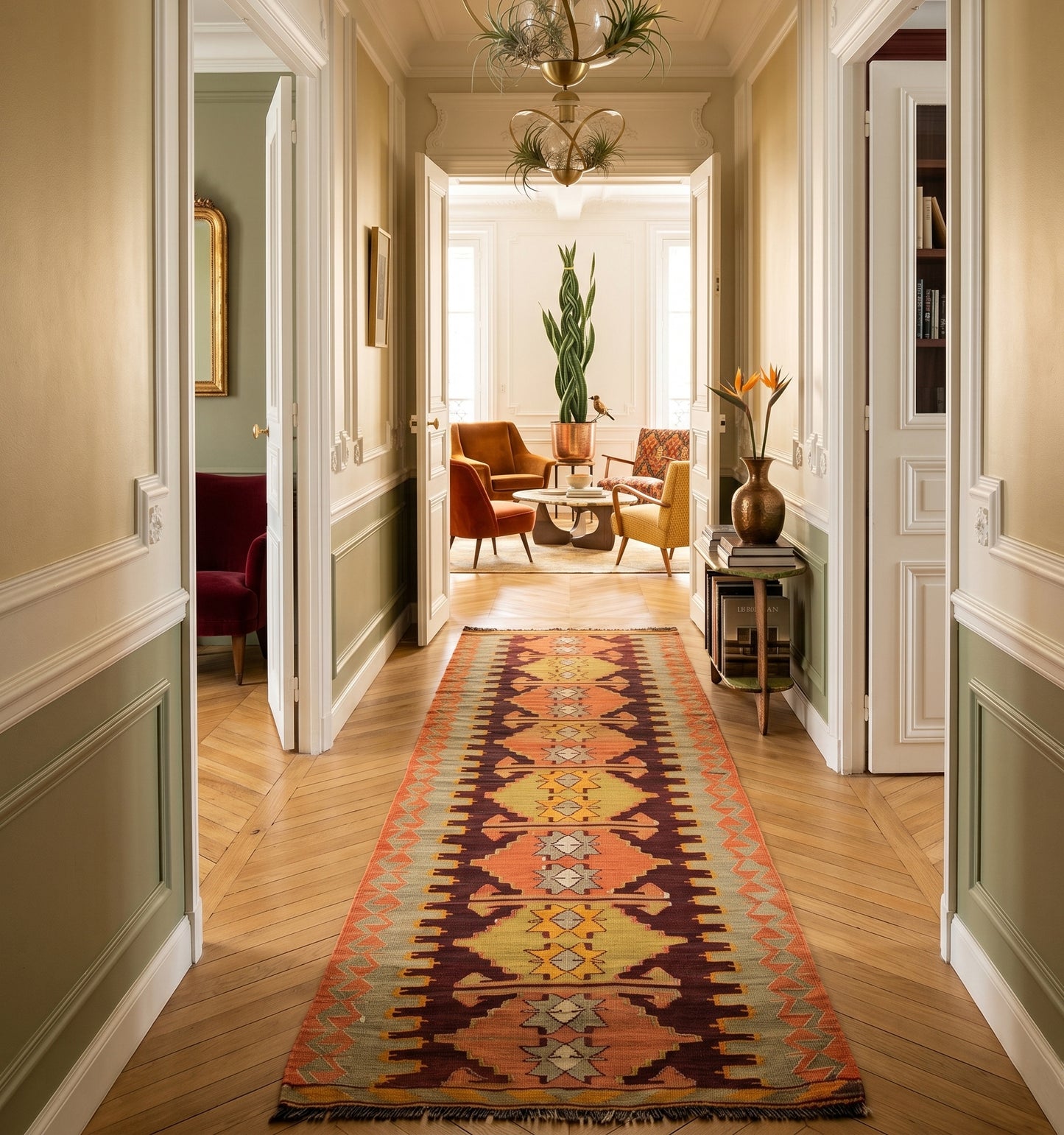 Tapis kilim Antalya vintage de 65 ans en format galerie, aux motifs géométriques en dents de scie et tons terreux, tissé à la main en Anatolie. Cette pièce d'artisanat d'exception sublime un long couloir de style haussmannien à Paris, créant un lien visuel chaleureux entre le parquet en point de Hongrie et les moulures classiques des murs bicolores.