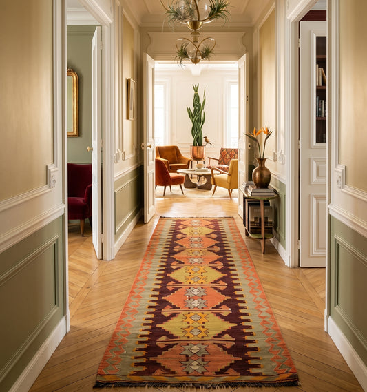 Tapis kilim Antalya vintage de 65 ans en format galerie, aux motifs géométriques en dents de scie et tons terreux, tissé à la main en Anatolie. Cette pièce d'artisanat d'exception sublime un long couloir de style haussmannien à Paris, créant un lien visuel chaleureux entre le parquet en point de Hongrie et les moulures classiques des murs bicolores.