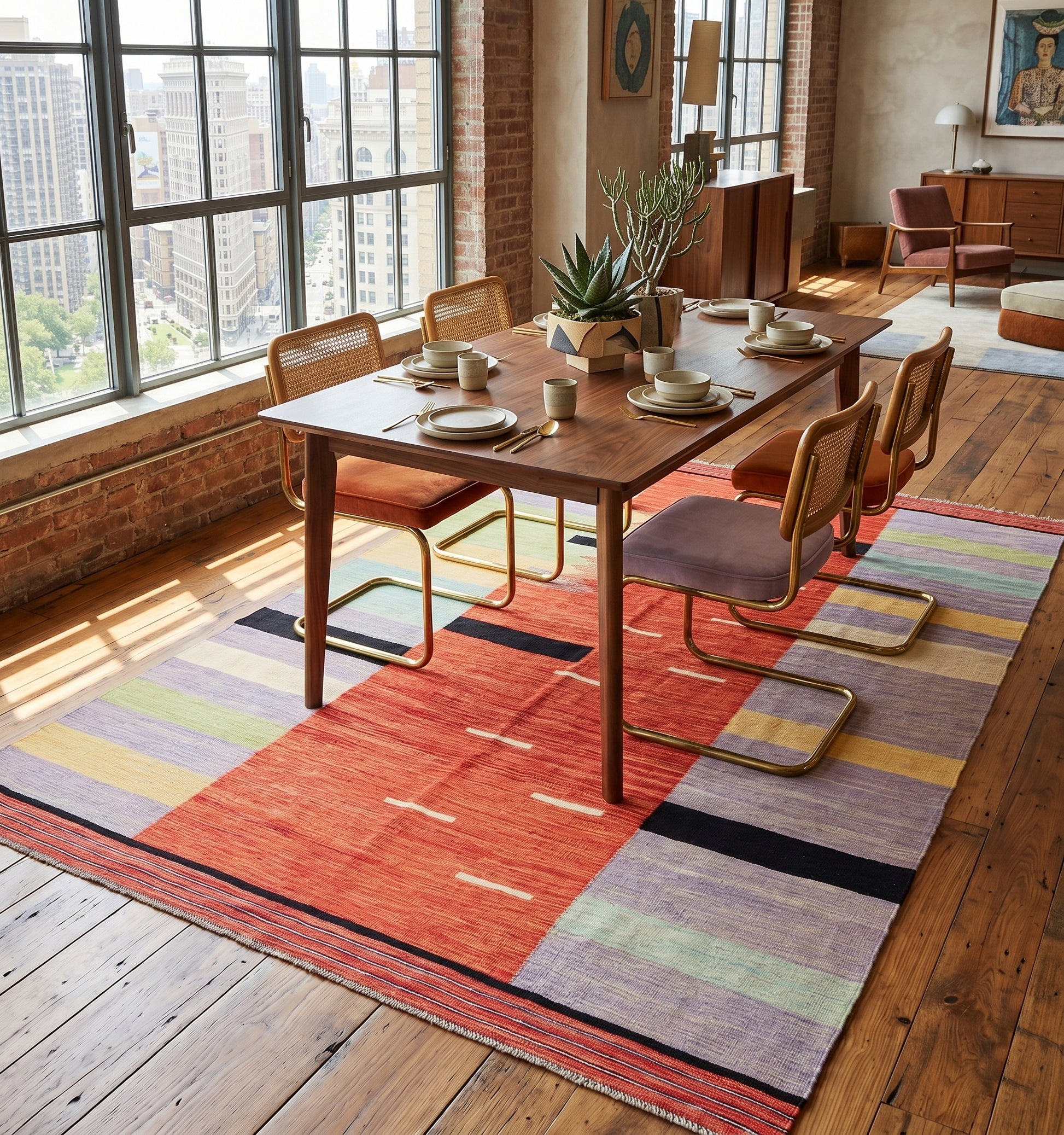 Tapis kilim Antalya contemporain, caractérisé par ses motifs géométriques et ses tons naturels. Cette pièce artisanale d'exception apporte du caractère à un appartement New Yorkais, créant un contraste élégant entre le parquet ancien en bois sombre et les murs en brique.