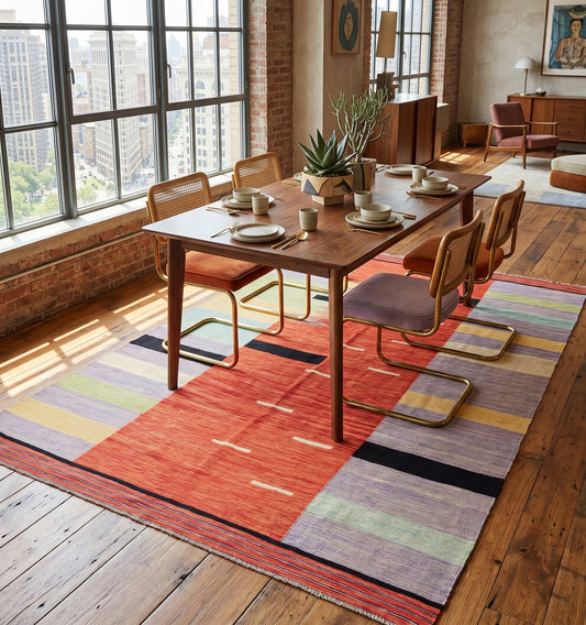 Tapis kilim Antalya contemporain, caractérisé par ses motifs géométriques et ses tons naturels. Cette pièce artisanale d'exception apporte du caractère à un appartement New Yorkais, créant un contraste élégant entre le parquet ancien en bois sombre et les murs en brique.