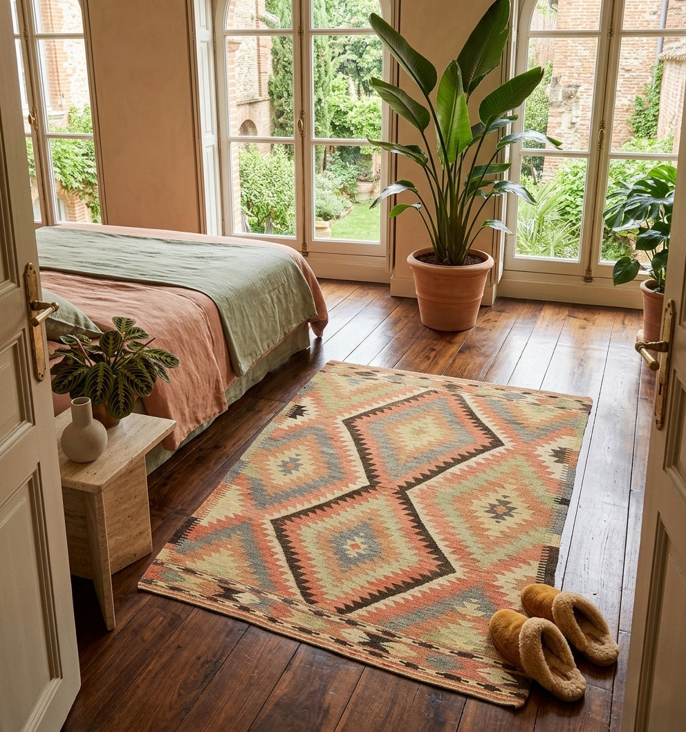 Tapis kilim d'Anatolie aux motifs ethniques losanges et teintes naturelles, sublimant une chambre lumineuse avec parquet ancien et vue sur un jardin intérieur à Toulouse.