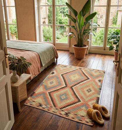 Tapis kilim d'Anatolie aux motifs ethniques losanges et teintes naturelles, sublimant une chambre lumineuse avec parquet ancien et vue sur un jardin intérieur à Toulouse.