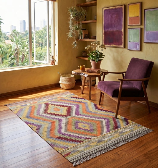 Tapis kilim Barak vintage de 55 ans aux motifs en zigzag multicolores, tissé à la main en Anatolie. Cette pièce artisanale aux teintes vibrantes apporte une touche bohème-chic à un coin lecture ensoleillé à Montpellier, créant une harmonie parfaite avec un fauteuil en velours pourpre, des murs à la chaux et une décoration végétale luxuriante.