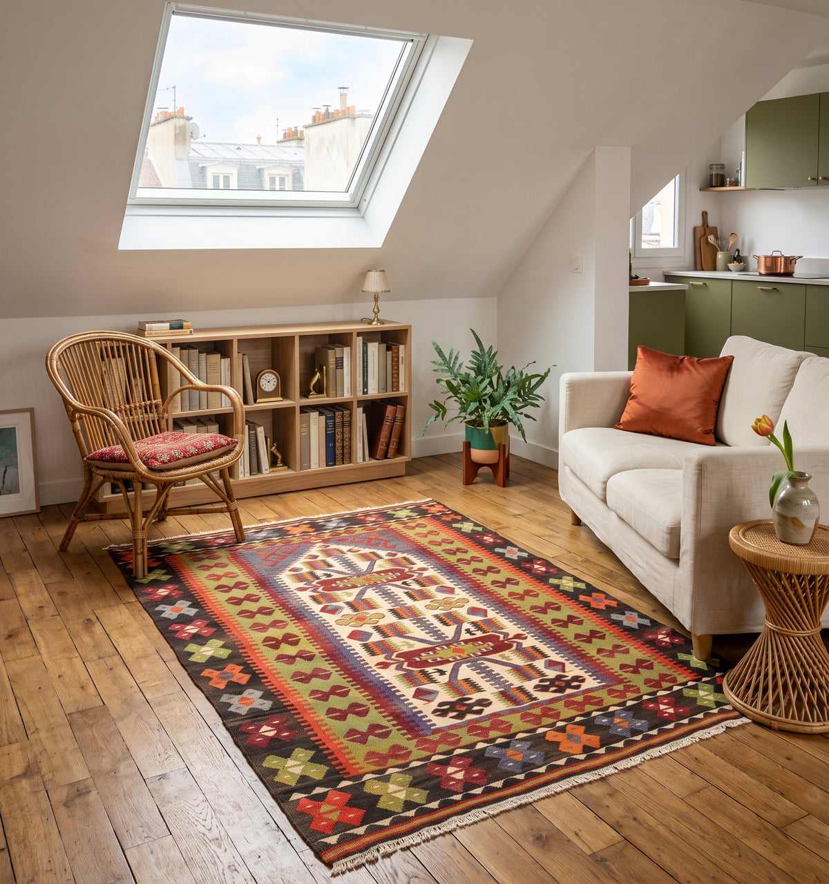Tapis kilim ancien Beddik, tissé main en laine par des nomades d'Anatolie, motif d'arbre de vie sur bordure fleurie vert et rouge, posé dans un studio parisien sous velux face à la cuisine ouverte