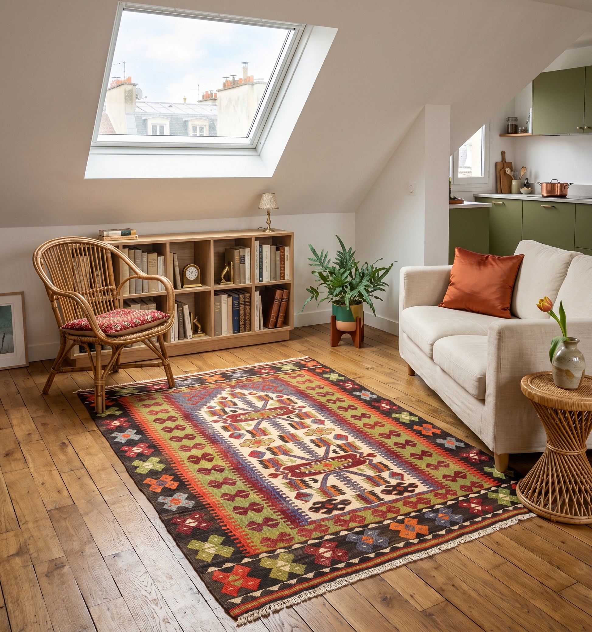 Tapis kilim ancien Beddik, tissé main en laine par des nomades d'Anatolie, motif d'arbre de vie sur bordure fleurie vert et rouge, posé dans un studio parisien sous velux face à la cuisine ouverte