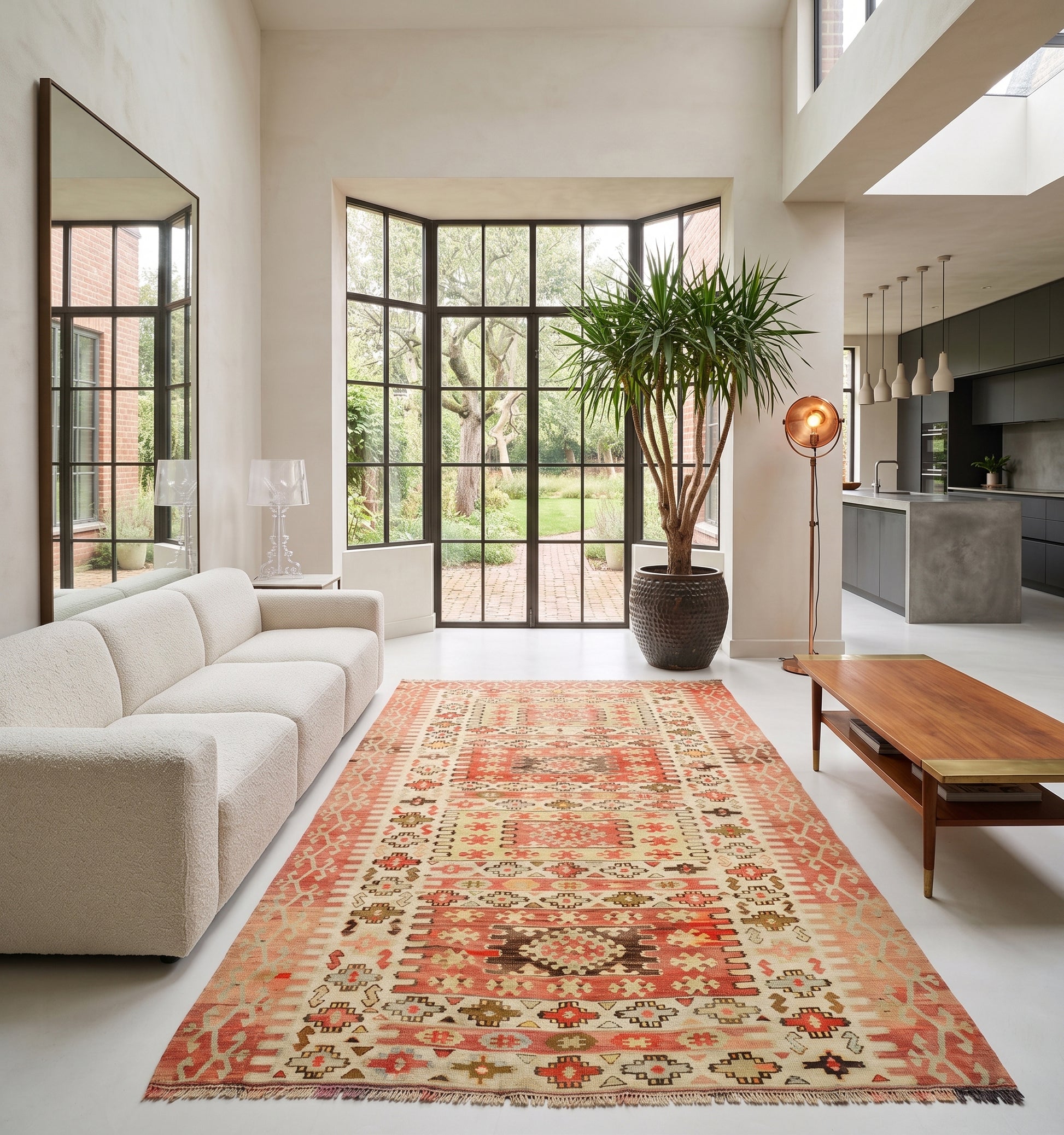 Tapis kilim vintage d'Anatolie en Sardaigne aux motifs géométriques et teintes terracotta, tissé main en laine, au centre d'un salon du Nord. Contraste élégant entre l'artisanat ancien et le mobilier moderne, dont un canapé blanc, face à une grande baie vitrée avec vue sur le jardin. Ambiance bohème haut de gamme signée Anatolie Kilim.