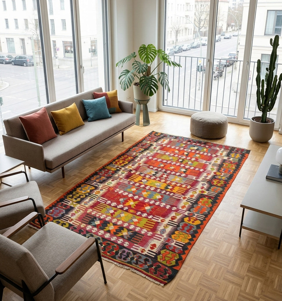Grand tapis kilim Cal de 70 ans aux motifs tribaux multicolores, tissé à la main en Anatolie. Cette pièce d'artisanat unique sublime un loft moderne à Genève, apportant une âme authentique et un contraste chaleureux avec le mobilier minimaliste et les grandes baies vitrées urbaines.