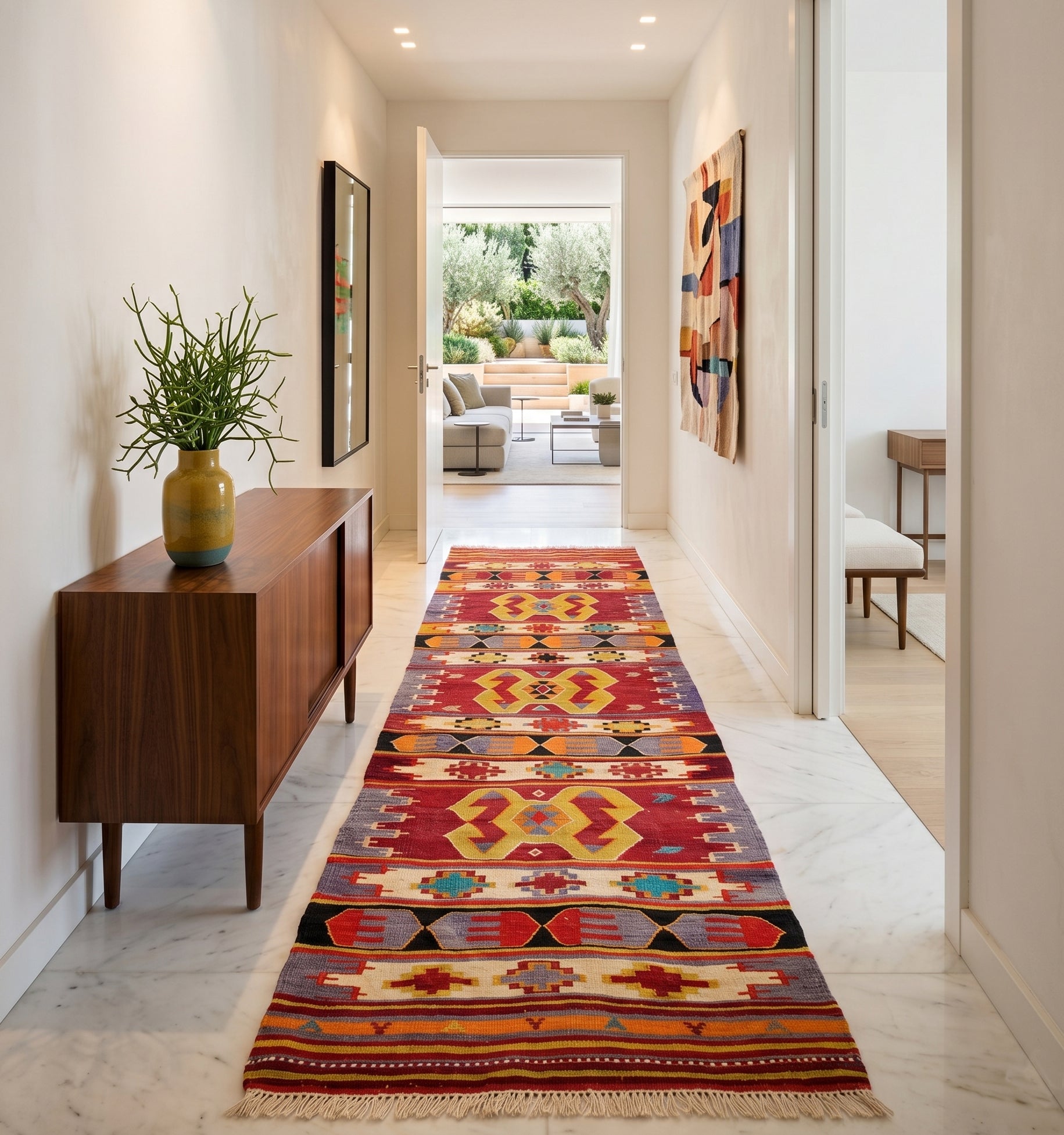 Tapis kilim Cal vintage de 60 ans en format galerie, aux motifs géométriques vibrants sur fond rouge, tissé à la main en Anatolie. Cette pièce d'artisanat d'exception dynamise un long couloir lumineux aux murs blancs et sol en marbre, créant une perspective chaleureuse vers un salon ouvert sur le jardin.