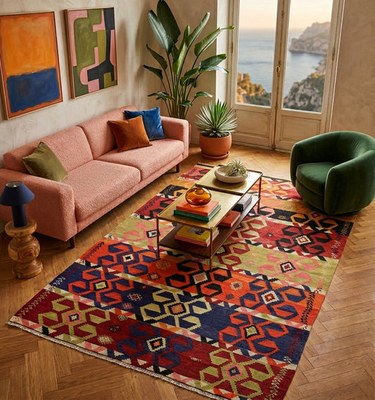 Grand tapis kilim d'Anatolie aux motifs graphiques vibrants, associé à un canapé rose bouclé et un fauteuil vert velours dans un intérieur chic avec vue sur les calanques de Marseille.