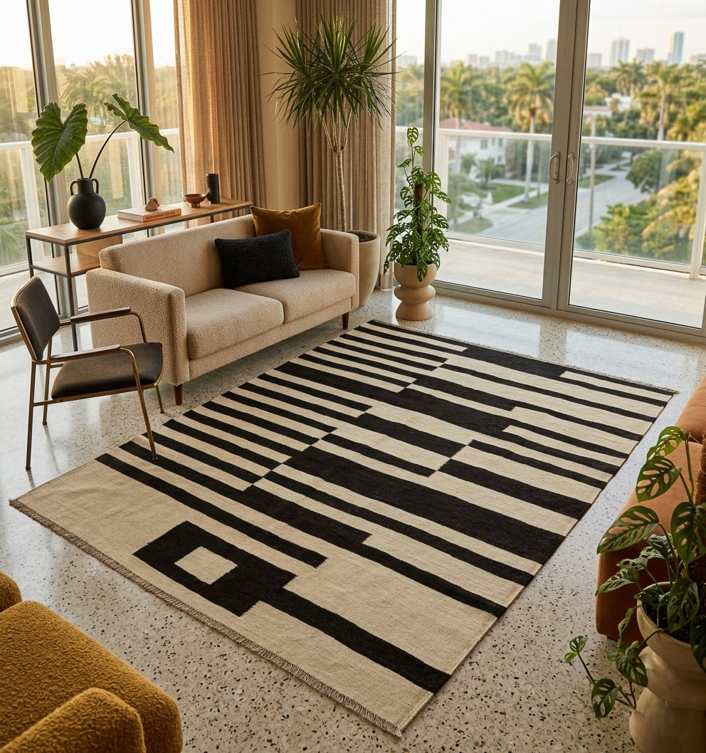 Tapis kilim moderne d'Anatolie au design graphique noir et blanc, tissé à la main, apportant une touche d'artisanat ancestral à un salon minimaliste et lumineux. Le contraste des motifs géométriques souligne l'élégance d'un intérieur chic à Miami avec mobilier contemporain et sol en terrazzo. Une pièce de caractère signée Anatolie Kilim.
