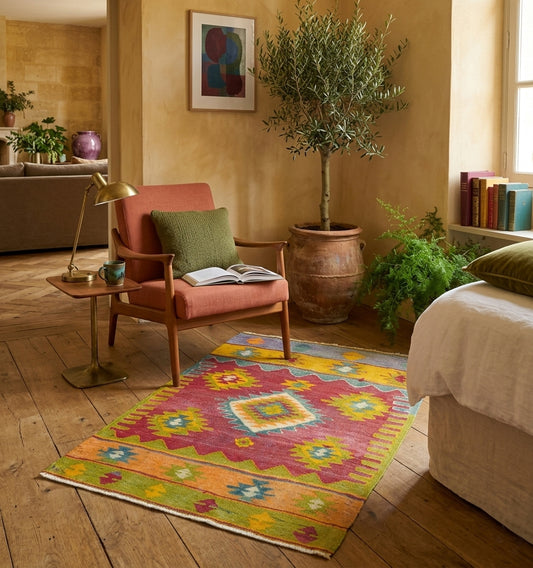 Petit tapis kilim d'Anatolie aux motifs géométriques vibrants, pièce d'artisanat ancien coloré au sol d'un coin lecture bohème chic avec fauteuil en bois et olivier en pot.