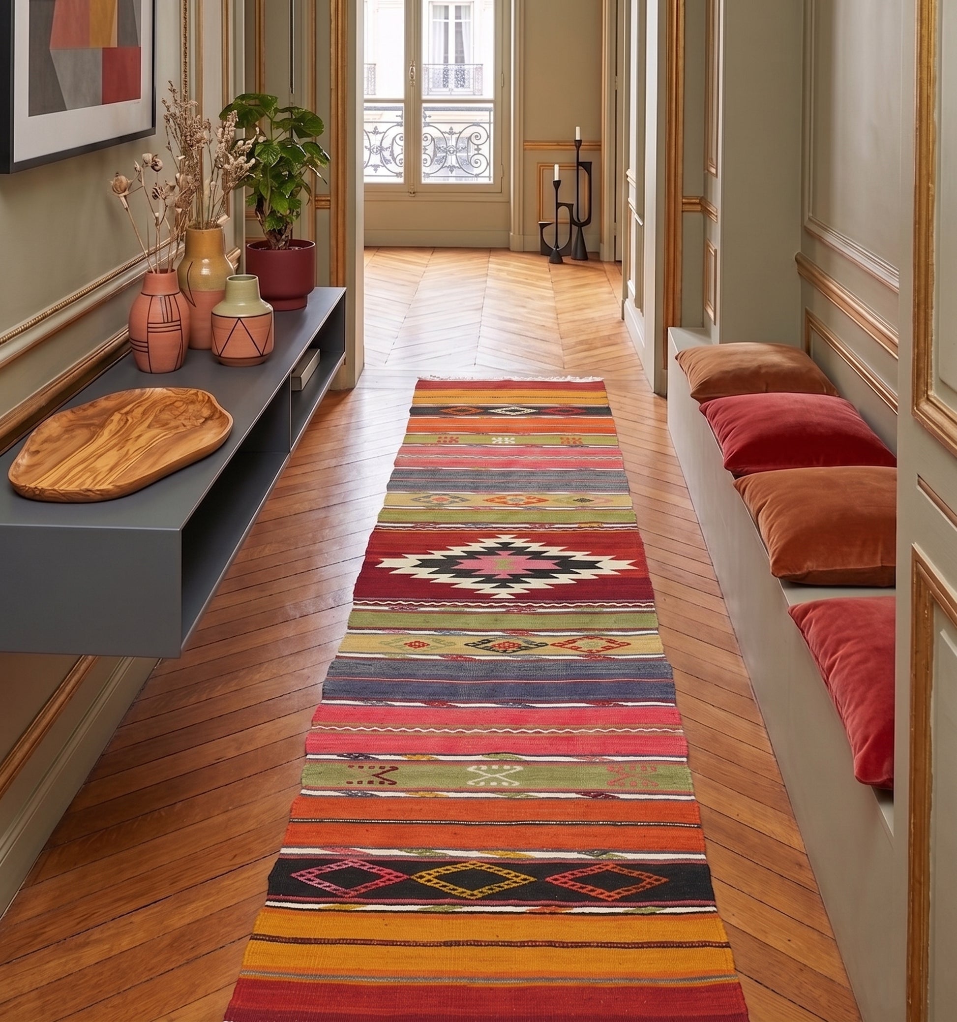 Tapis de couloir (runner) en laine Denizli aux motifs ethniques rose et noir (267 x 55 cm) à Paris mis en situation dans un couloir lumineux haussemanien avec moulure et murs vert