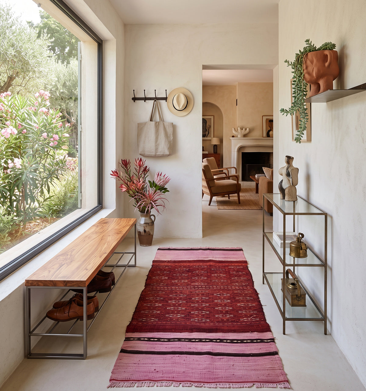 Tapis kilim tissé main au dégradé rose et bordeaux, motifs géométriques hérités des tisserands d'Anatolie, posé dans un couloir à Saint Tropez face à un banc en bois et une fenêtre sur les oliviers