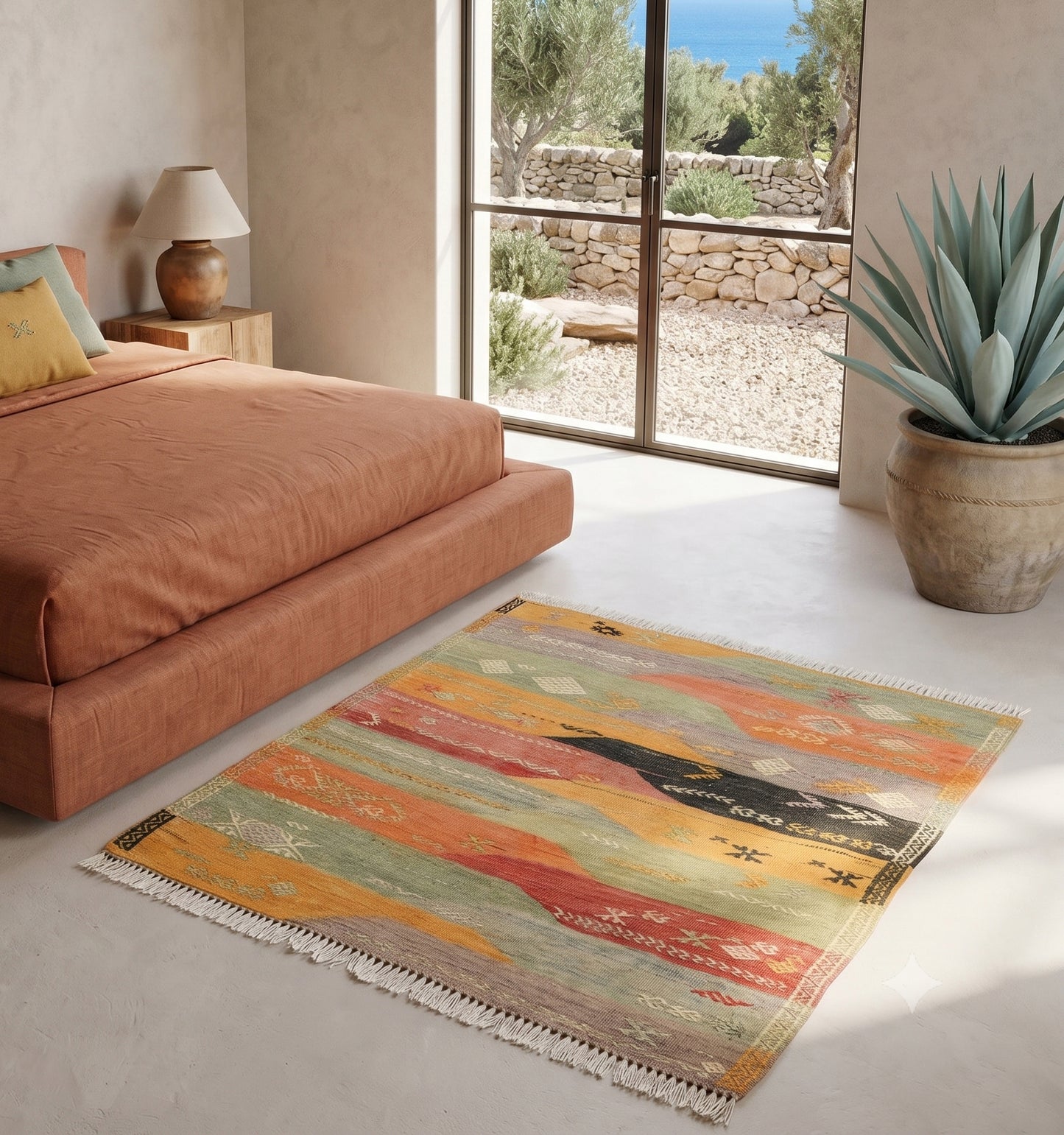 Tapis kilim Denizli ancien au format carré (112x108cm), orné de motifs géométriques et de losanges traditionnels. Tissé à la main en laine de haute qualité avec des teintures végétales aux nuances terracotta, indigo et ocre, cette pièce artisanale turque apporte une touche bohème authentique à une villa lumineuse à Ibiza. Elle sublime un espace de vie aux murs en chaux blanche, contrastant avec le sol en pierre naturelle et un mobilier en bois flotté.
