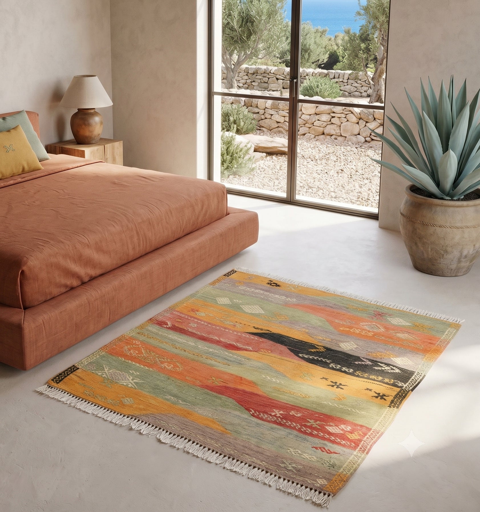 Tapis kilim Denizli ancien au format carré (112x108cm), orné de motifs géométriques et de losanges traditionnels. Tissé à la main en laine de haute qualité avec des teintures végétales aux nuances terracotta, indigo et ocre, cette pièce artisanale turque apporte une touche bohème authentique à une villa lumineuse à Ibiza. Elle sublime un espace de vie aux murs en chaux blanche, contrastant avec le sol en pierre naturelle et un mobilier en bois flotté.