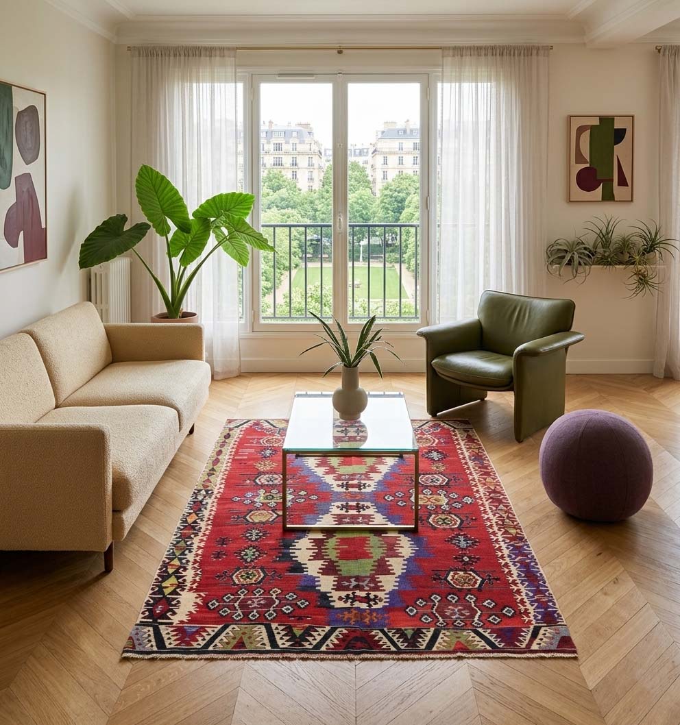 Tapis kilim Ereğli vintage de 60 ans aux couleurs éclatantes rouge et bleu indigo, tissé à la main en Anatolie. Ce kilim artisanal d'exception sublime un salon parisien élégant avec parquet en chevrons, créant un dialogue visuel fort entre l'artisanat turc ancien et un mobilier design minimaliste face au square.