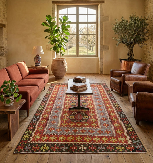 Grand tapis kilim Esme en laine aux motifs géométriques rouges et orangés (280 x 155 cm) mis en situation dans un salon rustique de prestige avec murs à la chaux, poutres apparentes, canapé terracotta et fauteuils club en cuir marron