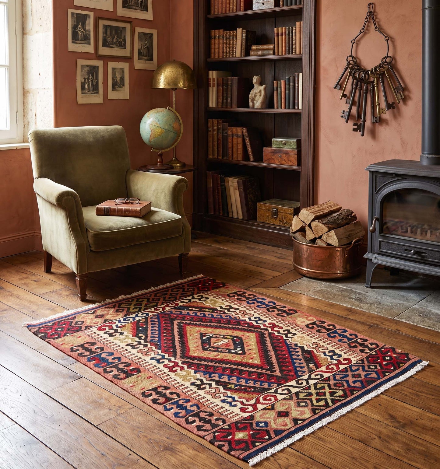 Tapis kilim ancien de Fethiye, tissé main en laine par des nomades d'Anatolie, médaillon losangé rouge et bleu nuit sur bordure ondulée, posé dans une bibliothèque d'Auvergne face à un poêle à bois et de vieux livres reliés