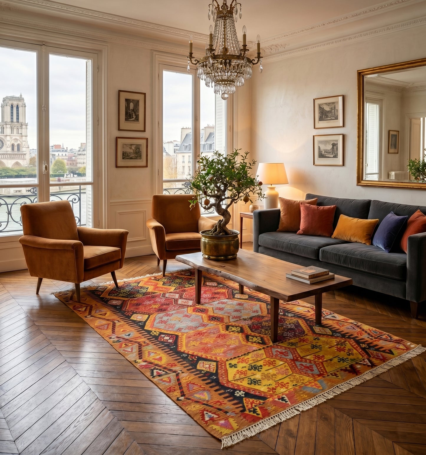 Grand tapis kilim Malatya ancien de 280 x 180 cm, tissé à la main en Anatolie avec des motifs tribaux géométriques. Cette pièce d'exception aux nuances terracotta et bleu profond est installée dans un appartement prestigieux à Paris, offrant une harmonie parfaite entre le parquet en chevrons, les moulures classiques et un mobilier design contemporain.