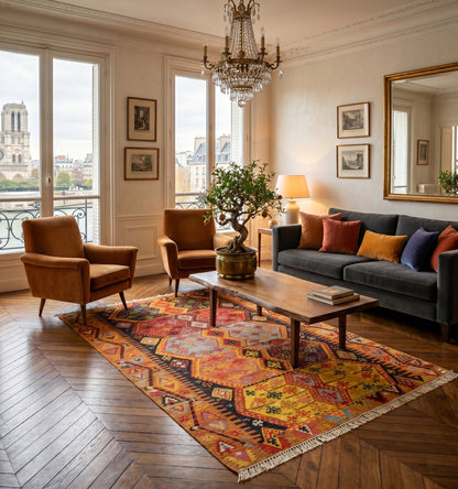 Grand tapis kilim Malatya ancien de 280 x 180 cm, tissé à la main en Anatolie avec des motifs tribaux géométriques. Cette pièce d'exception aux nuances terracotta et bleu profond est installée dans un appartement prestigieux à Paris, offrant une harmonie parfaite entre le parquet en chevrons, les moulures classiques et un mobilier design contemporain.