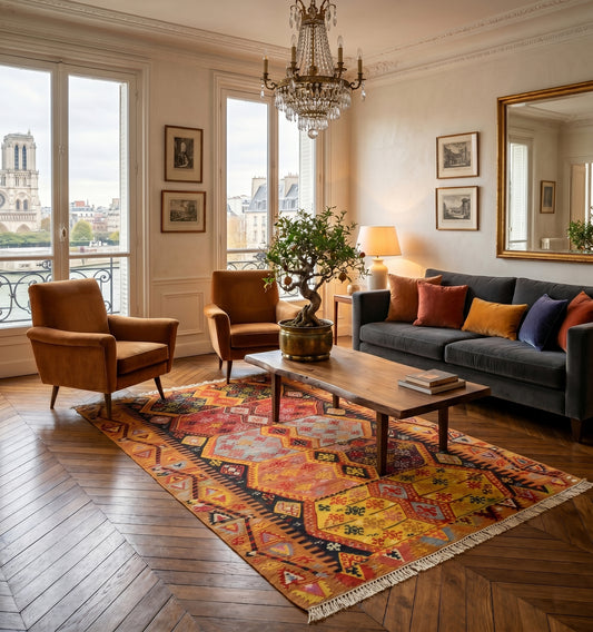 Grand tapis kilim Malatya ancien de 280 x 180 cm, tissé à la main en Anatolie avec des motifs tribaux géométriques. Cette pièce d'exception aux nuances terracotta et bleu profond est installée dans un appartement prestigieux à Paris, offrant une harmonie parfaite entre le parquet en chevrons, les moulures classiques et un mobilier design contemporain.