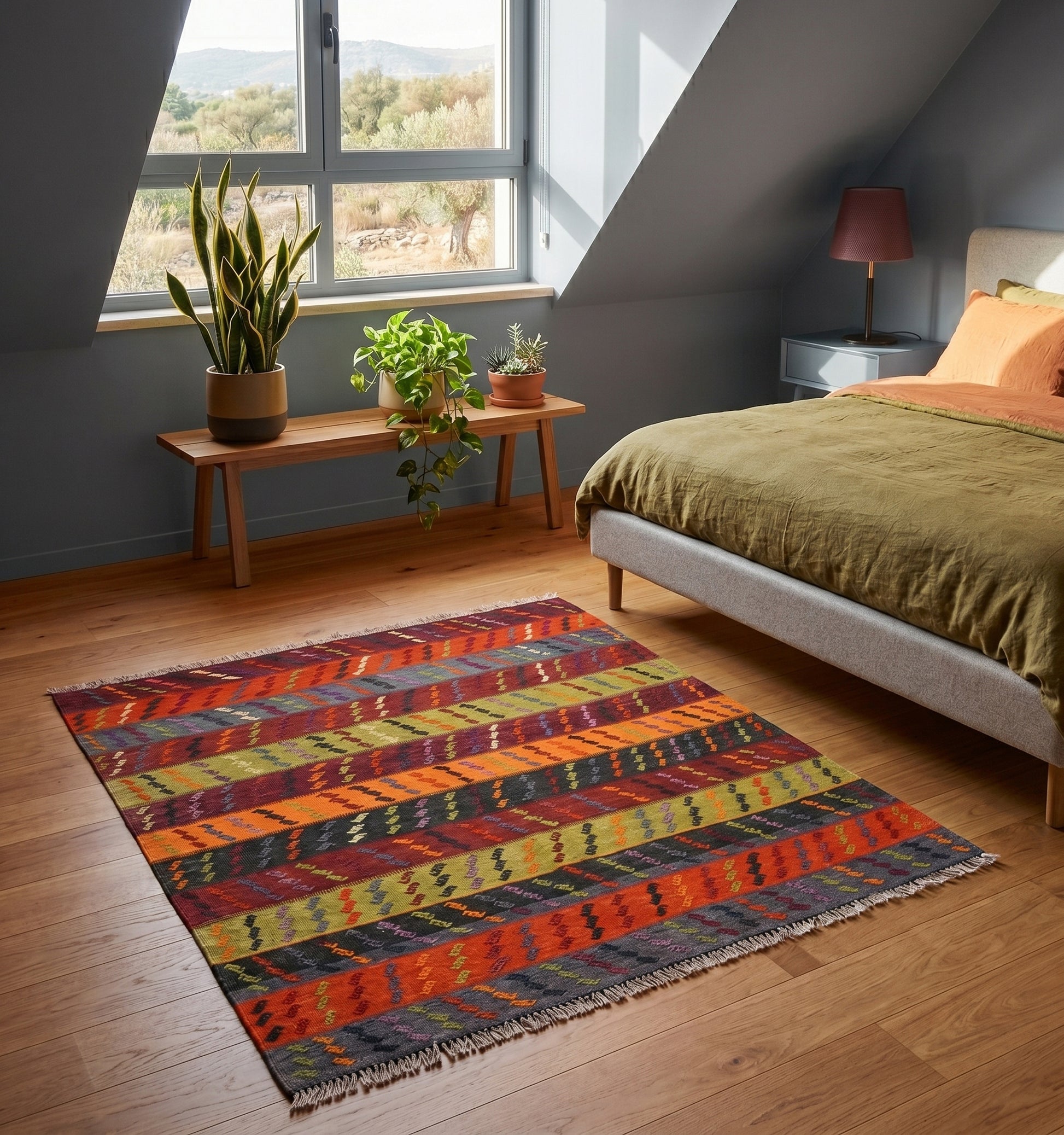 Tapis kilim Manisa ancien aux rayures diagonales multicolores, tissé à la main en laine de haute qualité. Cette pièce artisanale turque apporte une touche de couleur vive et d'authenticité à une chambre moderne mansardée, créant un contraste harmonieux avec des murs gris bleu, un parquet en bois naturel et une décoration minimaliste agrémentée de plantes vertes.