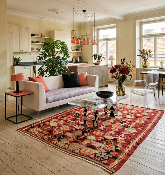 Grand tapis Kilim d'Anatolie marron aux motifs géométriques vibrants, apportant chaleur et caractère à un espace de vie moderne avec cuisine ouverte, mobilier contemporain et parquet clair.