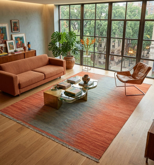 Tapis kilim contemporain d'Anatolie présentant un dégradé subtil de terracotta et de bleu gris, tissé main en laine. Cette pièce d'artisanat d'art sublime un salon de luxe au parquet clair à Chicago, créant un contraste chic avec un mobilier design et une table basse sculpturale. L'essence du tissage nomade au service d'un intérieur urbain raffiné par Anatolie Kilim.