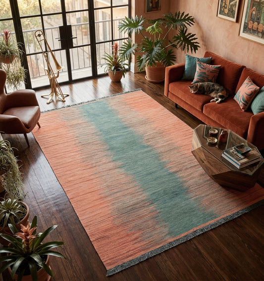 Tapis kilim contemporain d'Anatolie au motif ikat central gris sur fond terracotta, tissé main en laine naturelle. Ce kilim d'exception apporte une chaleur artisanale à un salon bohème chic avec parquet sombre, canapé en velours et plantes vertes. Une fusion parfaite entre tradition anatolienne et design intérieur moderne signée Anatolie Kilim.