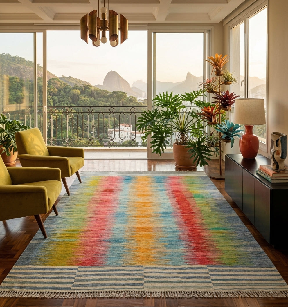 Tapis kilim contemporain d'Anatolie aux rayures vibrantes multicolores (bleu, jaune, rouge), tissé main, réchauffant un salon chic et lumineux. L'artisanat ancien du kilim contraste élégamment avec le mobilier moderne du milieu du siècle et une baie vitrée panoramique donnant sur un paysage de montagne spectaculaire à Rio de Janeiro. Signé Anatolie Kilim.