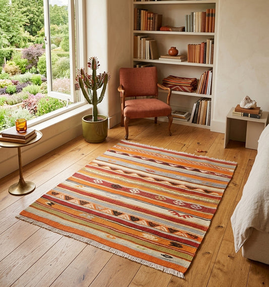 Tapis Kilim contemporain tissé main avec des rayures vibrantes oranges et terracotta, ancrant un coin lecture chaleureux avec parquet en bois, fauteuil en velours et vue sur un jardin.