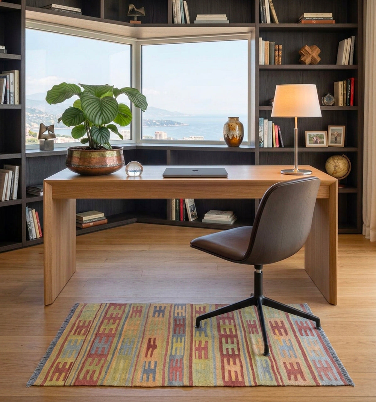 Tapis kilim tissé main aux colonnes de motifs tribaux rouge et bleu lavande, tapis anien posé dans un bureau à Monaco face à la vue sur la mer et une bibliothèque en bois