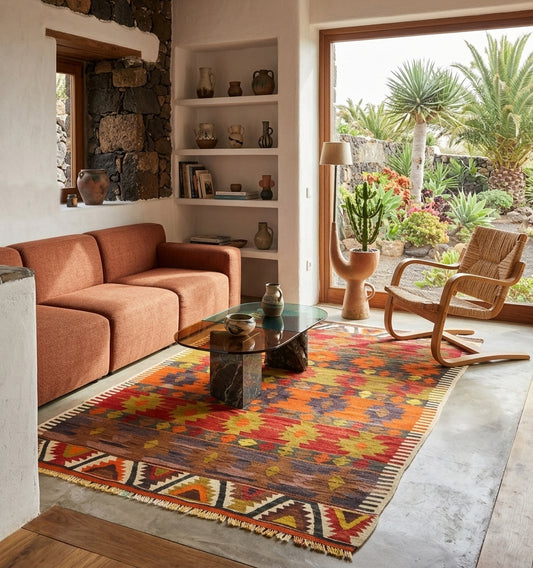 Tapis kilim Niğde vintage de 65 ans aux motifs géométriques vibrants, tissé à la main en Anatolie. Cette pièce d'artisanat d'exception sublime un salon au style "Slow Design" à Biarritz, créant un contraste parfait entre le tissage ancestral et un mobilier moderne chic dans une ambiance méditerranéenne.