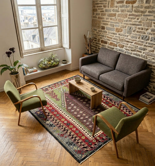 Tapis kilim Obruk vintage de 65 ans au design géométrique et couleurs naturelles. Ce chef-d'œuvre du tissage anatolien est installé dans un salon de caractère à Bordeaux, créant un dialogue parfait entre un mur en pierre authentique, un parquet en chevrons et un mobilier moderne chic.