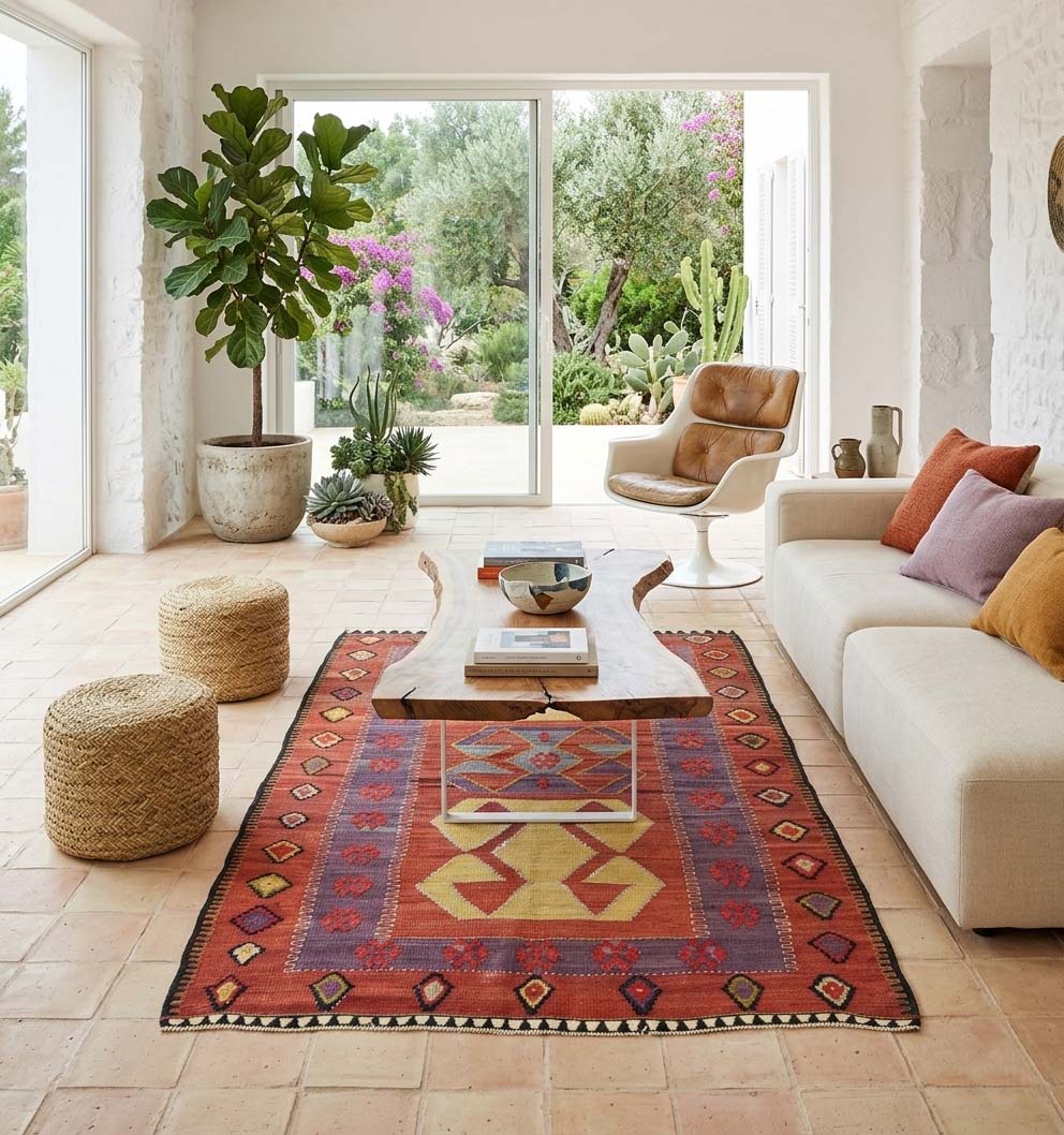 Tapis kilim Obruk vintage de 60 ans aux teintes terre cuite et violettes, tissé à la main en Anatolie. Ce grand kilim artisanal sublime le salon d'une villa lumineuse dans le Sud de la France, mariant l'authenticité du tissage turc à un mobilier design contemporain et une architecture épurée.