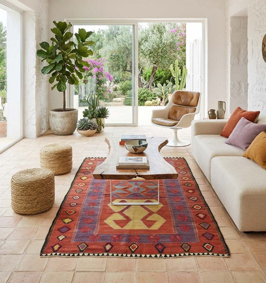 Tapis kilim Obruk vintage de 60 ans aux teintes terre cuite et violettes, tissé à la main en Anatolie. Ce grand kilim artisanal sublime le salon d'une villa lumineuse dans le Sud de la France, mariant l'authenticité du tissage turc à un mobilier design contemporain et une architecture épurée.