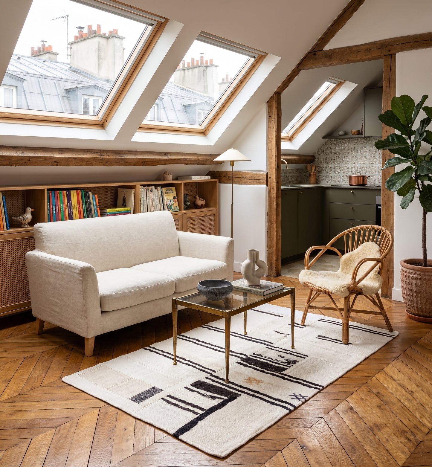 Tapis kilim patchwork en chanvre, tissé main à partir de kilims anciens d'Anatolie recomposés, motif rayé noir et écru posé sur parquet en chevrons dans une mansarde à Paris sous velux et poutres apparentes