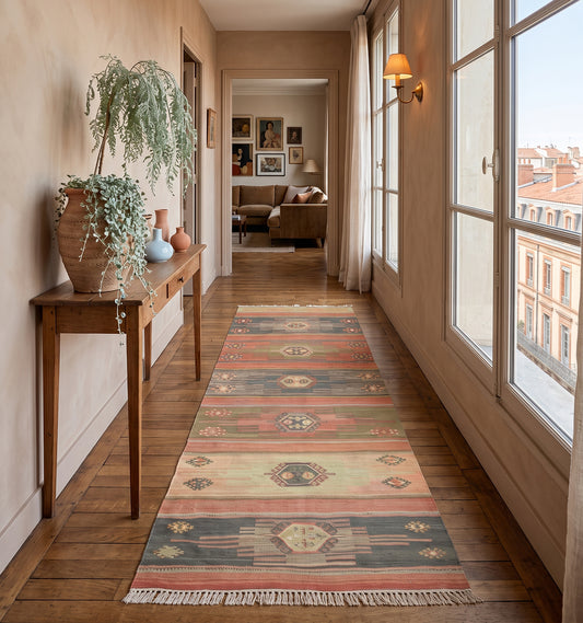 Tapis de couloir kilim tissé main aux bandes rayées corail et vert sauge, motifs répétés dans la tradition des tisserands nomades d'Anatolie, posé dans un couloir à Toulouse face aux toits de brique rose