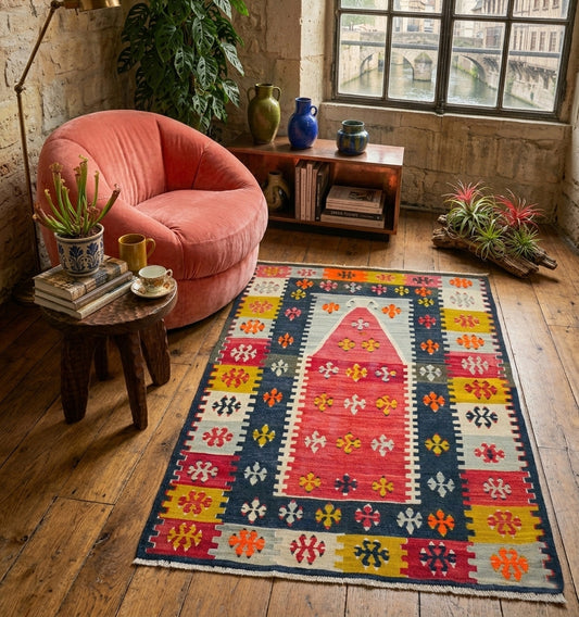 Tapis kilim d'Anatolie ancien à motif Mihrab coloré et tissage artisanal, contrastant avec un fauteuil design velours rose dans un salon de style loft industriel dans le centre de Rouen.