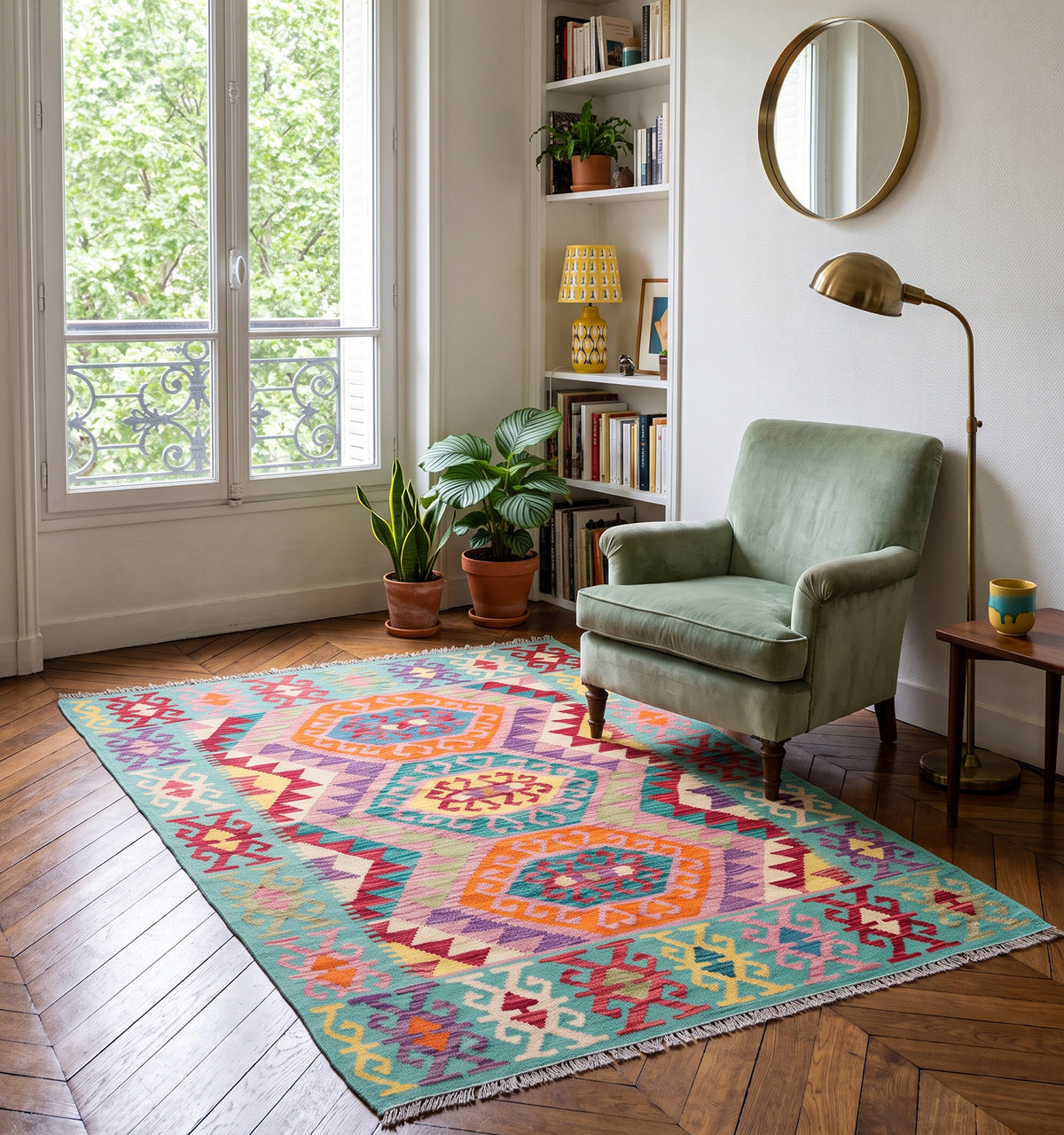 Tapis kilim tissé main aux médaillons octogonaux turquoise et orange, tapis contemporain d'inspiration Anatolie posé dans un appartement parisien face à un fauteuil en velours vert et une bibliothèque